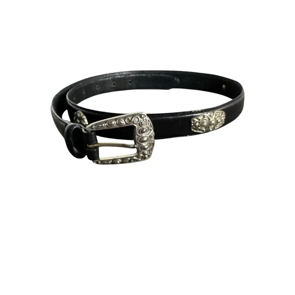 Fossil Black Leather Boho Belt Silver Concho Accents Medium‎